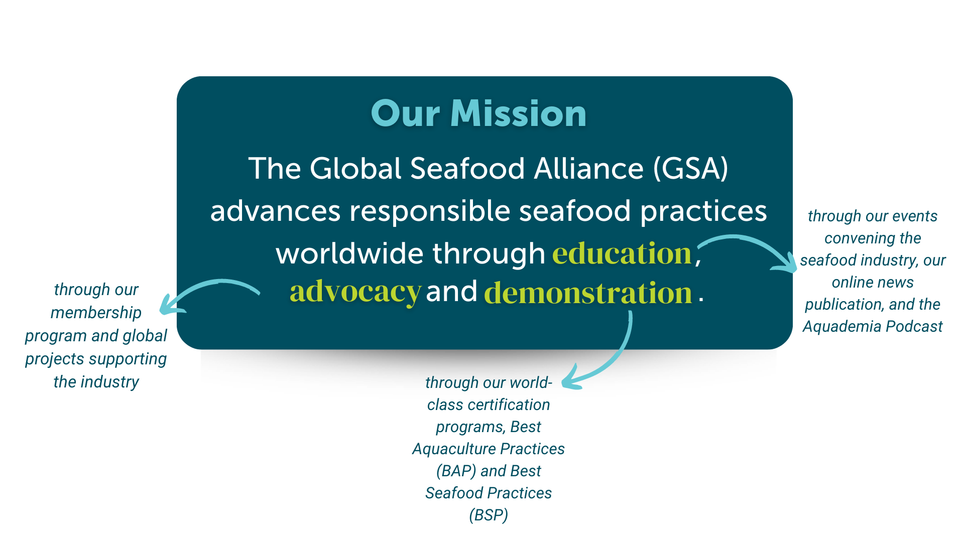 GSA advances responsible seafood practices worldwide through education, advocacy and demonstration. (1)